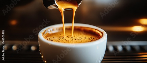 Close-up of rich espresso coffee being poured from a machine spout into a white cup capturing the smooth crema and warm lighting ambiance