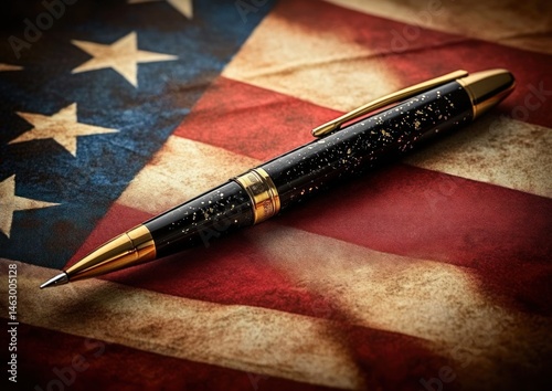Obraz na płótnie luxury black and gold pen placed diagonally on a textured american flag background symbolizing patriotism and elegance w salonie