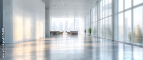 Obraz na płótnie Spacious modern office interior with large glass windows, sunlight reflections on polished floor, minimalistic desks and chairs, and indoor plants creating a calm atmosphere w salonie