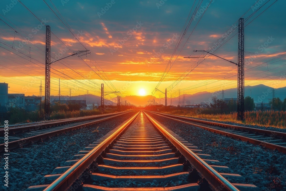 Sunset over symmetrical railway tracks with glowing rails reflecting the golden light, surrounded by utility poles and distant mountains under a partly cloudy sky