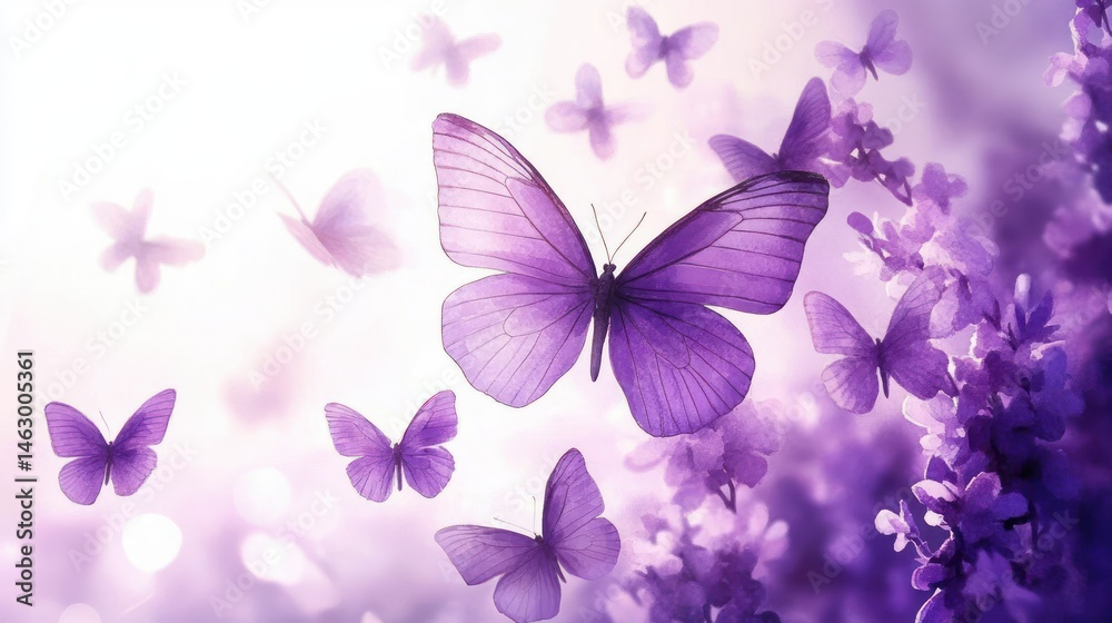 A group of soft purple butterflies fluttering among purple flowers in a bright, dreamy, and serene natural setting