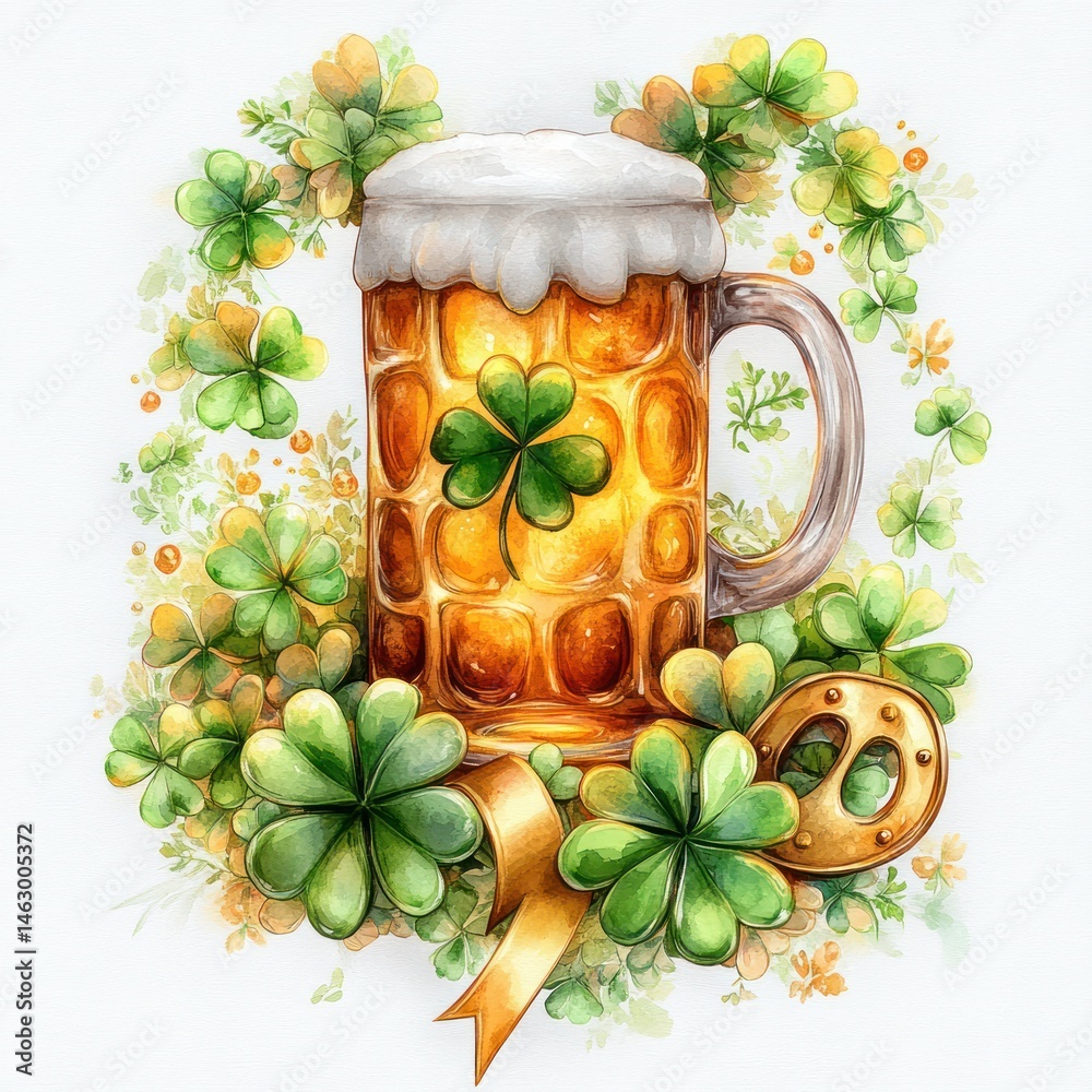 Glass mug of frothy golden beer surrounded by green four-leaf clovers and a golden horseshoe with a ribbon, evoking luck and celebration