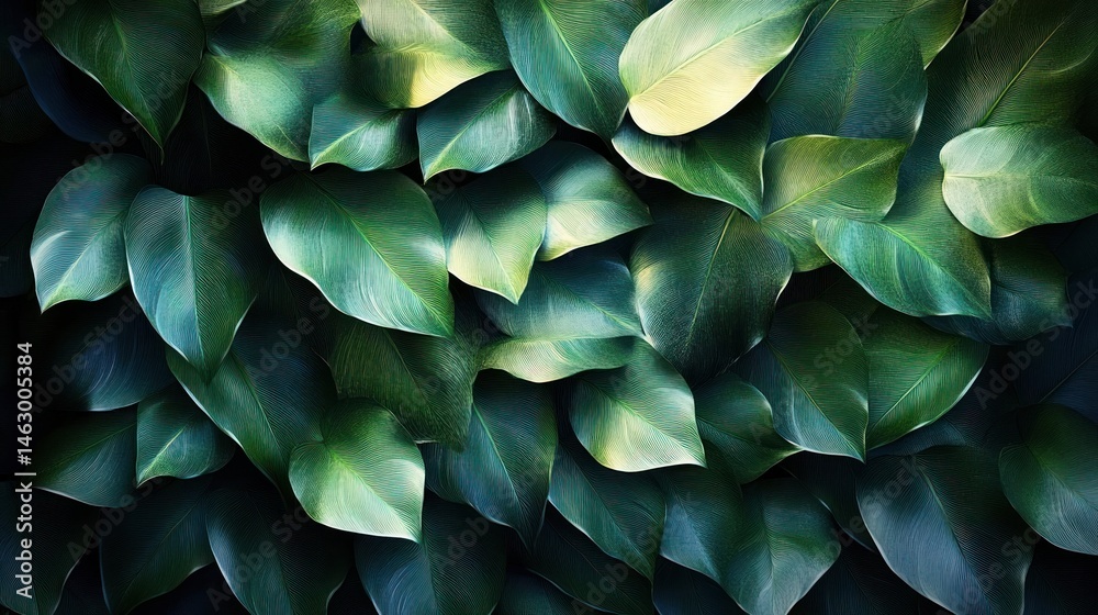 Close-up view of dense green and yellow variegated leaves overlapping each other in soft natural light