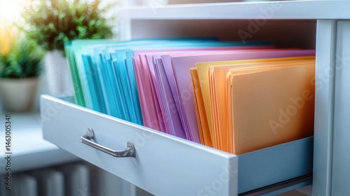 Obraz na płótnie Open drawer with neatly organized colorful folders in shades of orange, purple, blue, and green inside a white cabinet with soft natural light and a blurred plant in the background w salonie