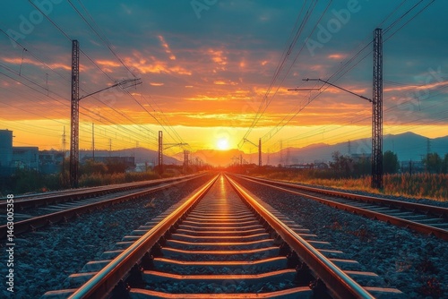 Obraz na płótnie Sunset over symmetrical railway tracks with glowing rails reflecting the golden light, surrounded by utility poles and distant mountains under a partly cloudy sky w salonie