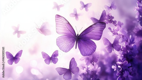 Obraz na płótnie A group of soft purple butterflies fluttering among purple flowers in a bright, dreamy, and serene natural setting w salonie