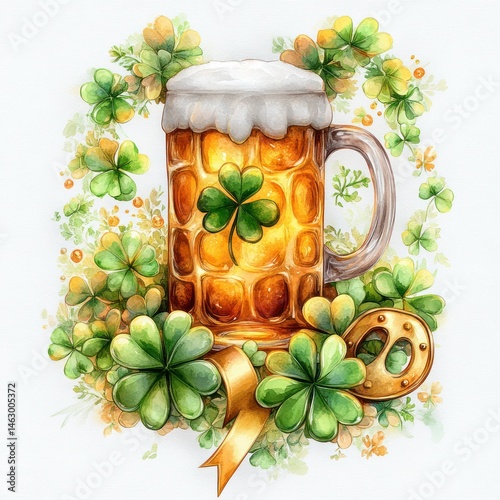 Obraz na płótnie Glass mug of frothy golden beer surrounded by green four-leaf clovers and a golden horseshoe with a ribbon, evoking luck and celebration w salonie