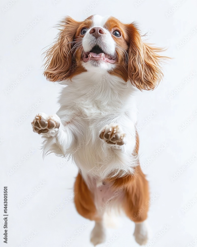 happy small brown and white dog with fluffy ears jumping joyfully against a plain white background
