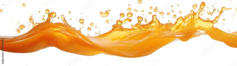 dynamic close-up of orange liquid splash with flowing motion and droplets suspended in air on white background