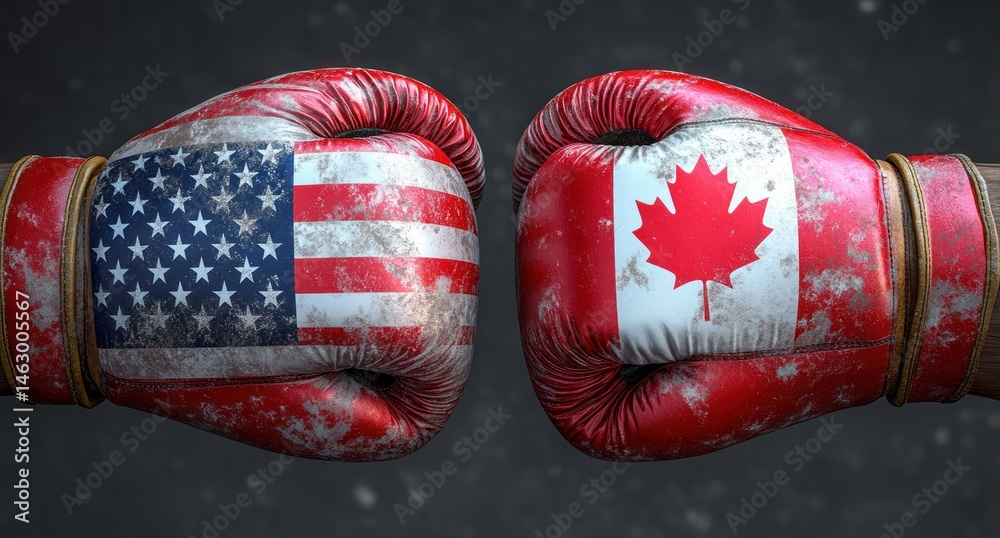 Worn boxing gloves facing each other with American and Canadian flags symbolizing a competitive or confrontational theme