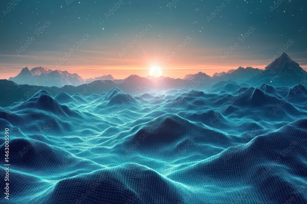 Digital landscape with glowing blue grid hills extending towards distant mountains under a starry sky and a bright sunrise, evoking a futuristic and serene atmosphere