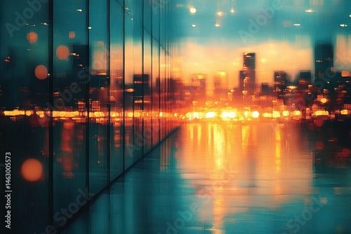 Obraz na płótnie Blurred city skyline at sunset with colorful lights reflecting on a wet surface and glass building facade creating a vibrant, dreamy urban atmosphere w salonie