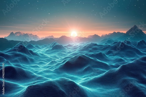 Obraz na płótnie Digital landscape with glowing blue grid hills extending towards distant mountains under a starry sky and a bright sunrise, evoking a futuristic and serene atmosphere w salonie