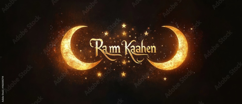 Golden glowing crescent moons and stars surrounding ornate vintage style lettering on dark textured background