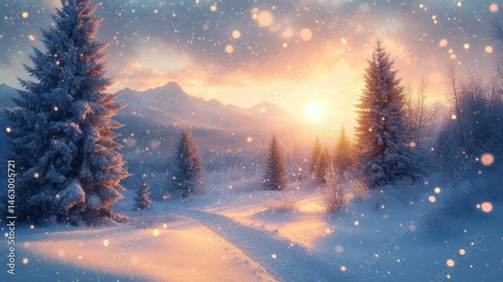 A serene winter landscape with snow-covered pine trees and mountains under a glowing sunset sky with falling snowflakes creating a peaceful and magical atmosphere