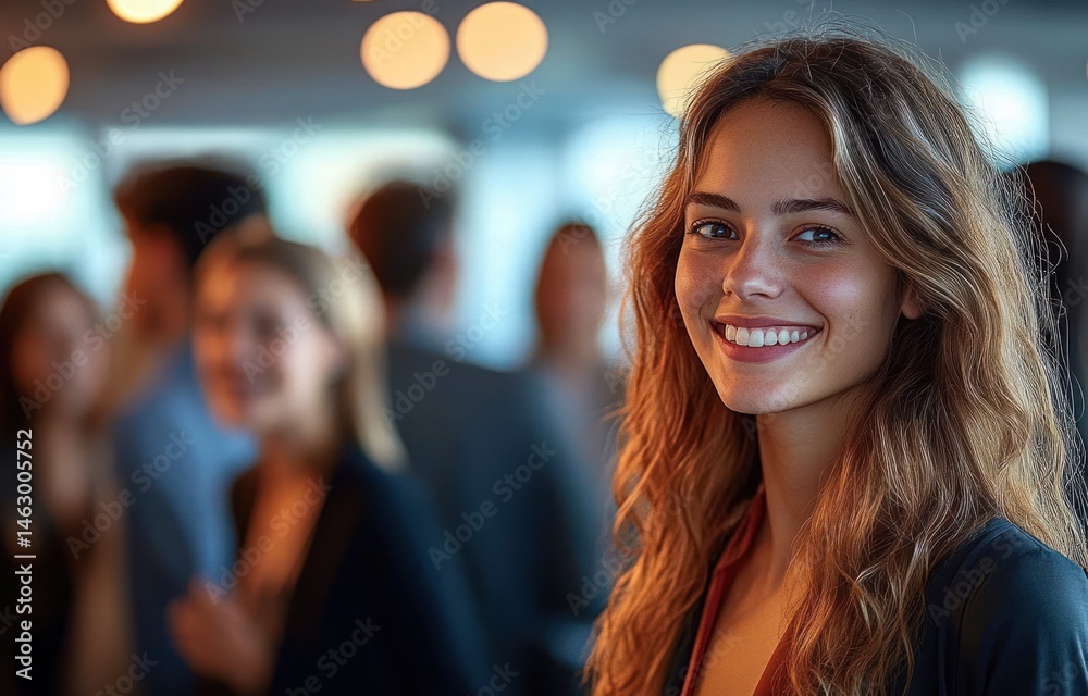 Smiling young woman with long wavy hair at a social gathering with blurred people and warm lights in the background