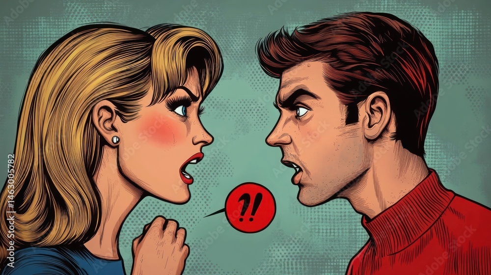 Illustration of a man and woman arguing face to face with intense expressions and a speech bubble showing interrobang symbol