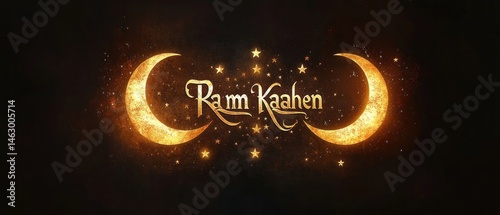 Obraz na płótnie Golden glowing crescent moons and stars surrounding ornate vintage style lettering on dark textured background w salonie