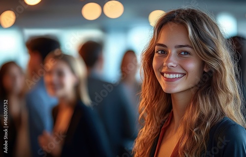 Obraz na płótnie Smiling young woman with long wavy hair at a social gathering with blurred people and warm lights in the background w salonie