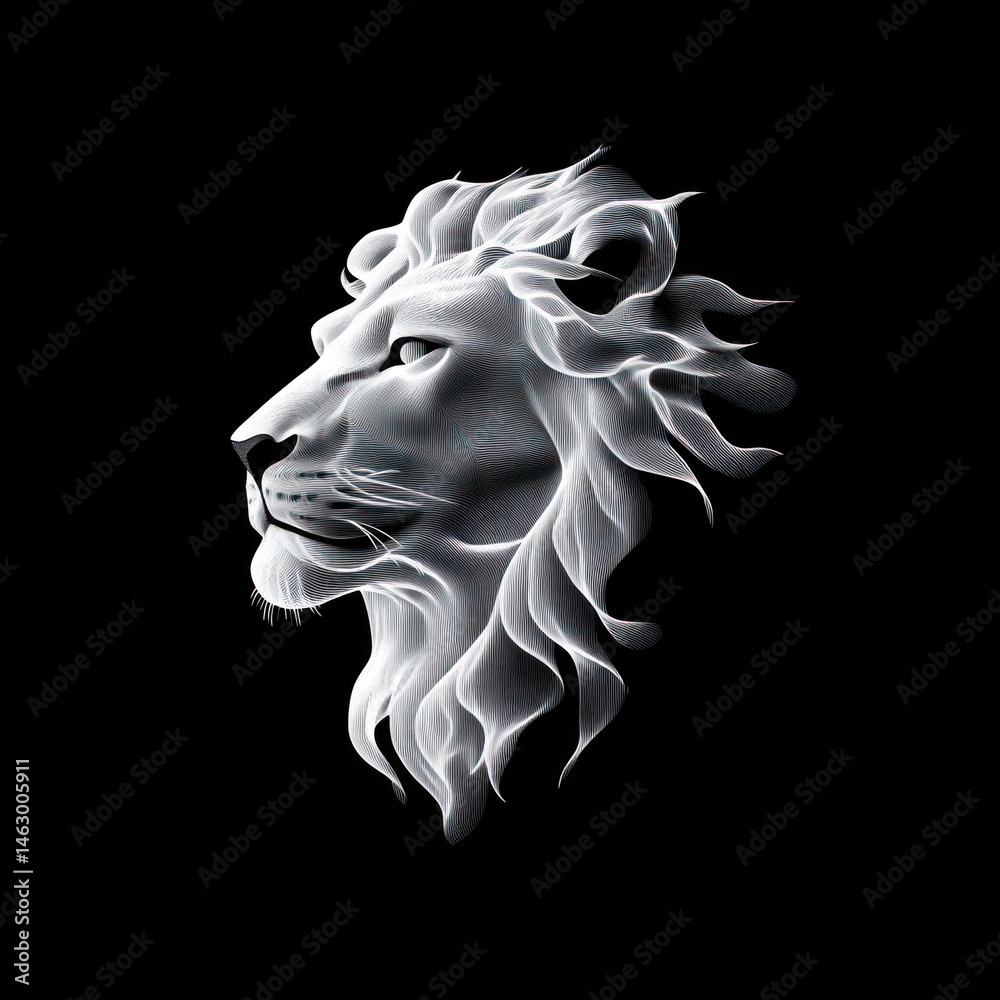 stylized white lion head with flowing mane on black background emitting a dynamic and powerful presence
