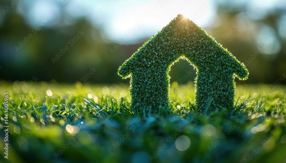small house-shaped shrub with sunlight glowing behind it surrounded by green grass on a blurred natural background