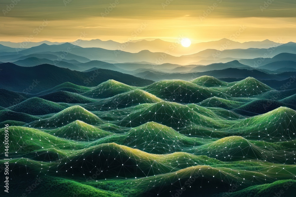 Sunset over rolling green hills with interconnected white glowing network dots and lines illustrating digital or technological landscape