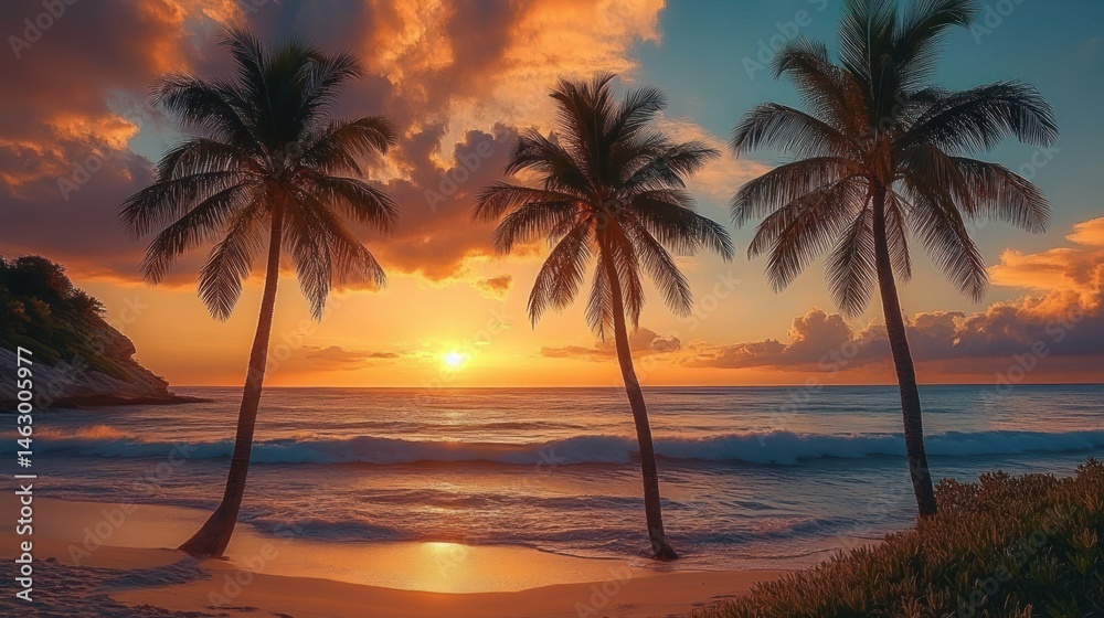 Tranquil tropical beach sunset with golden sun reflecting on calm ocean waves framed by three tall palm trees and lush greenery under vibrant orange and blue sky