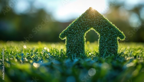 Obraz na płótnie small house-shaped shrub with sunlight glowing behind it surrounded by green grass on a blurred natural background w salonie