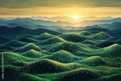 Obraz na płótnie Sunset over rolling green hills with interconnected white glowing network dots and lines illustrating digital or technological landscape w salonie