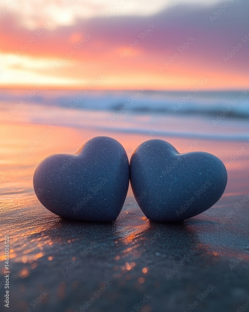 Two heart-shaped stones placed closely on wet beach sand at sunset with calm ocean waves and a colorful sky in the background