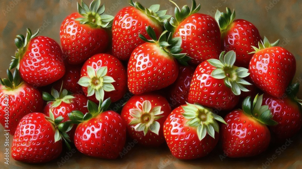 Close-up view of fresh ripe red strawberries with green leaves clustered together on a textured surface