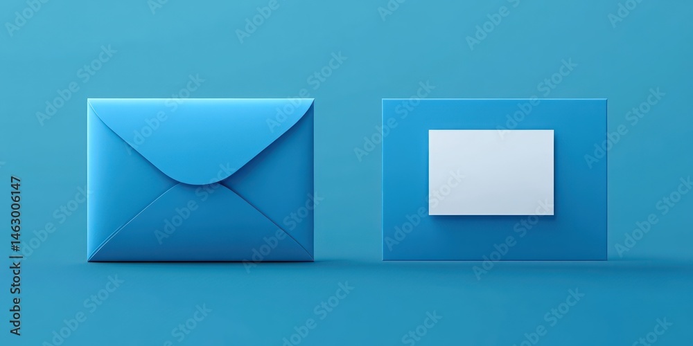 Blue envelope and blue business card with blank space on solid blue background representing communication and correspondence