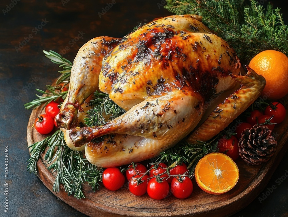 Golden roasted whole chicken garnished with fresh rosemary, cherry tomatoes, and halved orange on a wooden platter, evoking warmth and festive dining