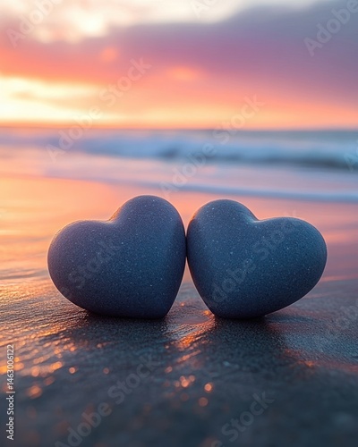 Obraz na płótnie Two heart-shaped stones placed closely on wet beach sand at sunset with calm ocean waves and a colorful sky in the background w salonie