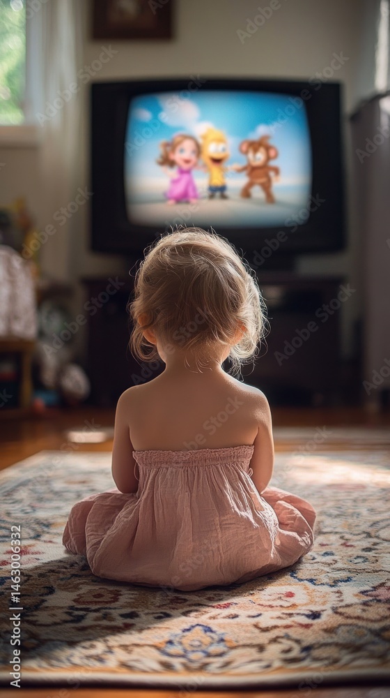 toddler sitting cross-legged on a patterned rug watching colorful animated characters on a television in a cozy living room