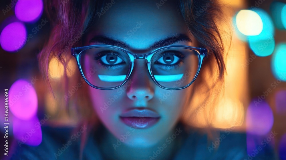 Close-up of a young woman wearing glasses illuminated by colorful neon lights with a focused and intense expression