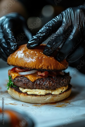 Close-up of hands wearing black gloves assembling a juicy cheeseburger with beef patty, melted cheddar cheese, onions, bacon, herbs, and a toasted sesame bun