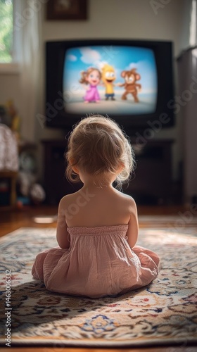 Obraz na płótnie toddler sitting cross-legged on a patterned rug watching colorful animated characters on a television in a cozy living room w salonie