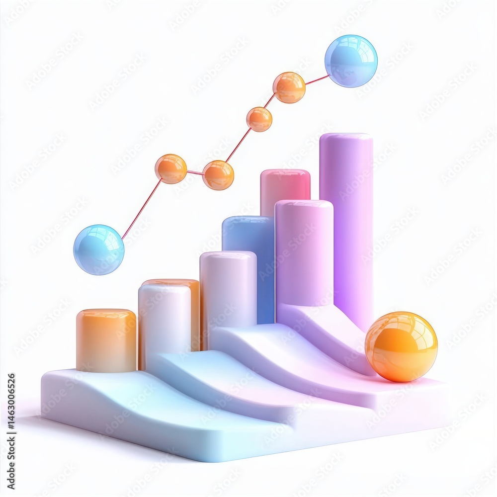Colorful 3D bar chart with ascending cylindrical bars and a connected dot line graph in pastel blue, purple, pink, and orange tones on white background