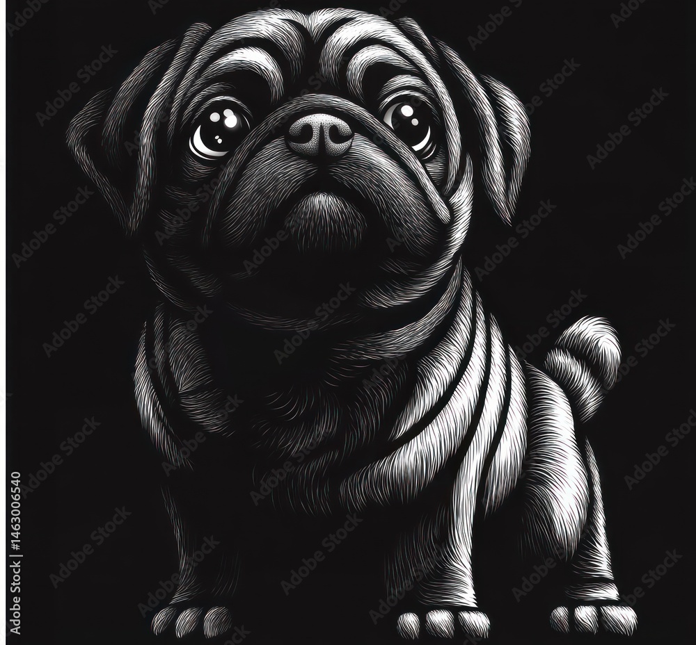 detailed black and white digital illustration of a small pug dog looking upward with large expressive eyes on a black background