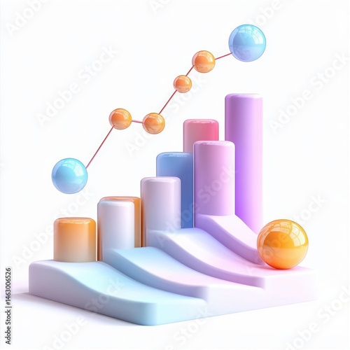 Obraz na płótnie Colorful 3D bar chart with ascending cylindrical bars and a connected dot line graph in pastel blue, purple, pink, and orange tones on white background w salonie