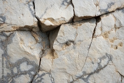 close-up texture of cracked pale beige rock with dark vein patterns and rough surfaces