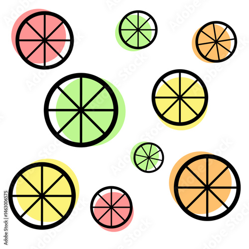 Colorful geometric slices of fruit against a white background create a vibrant and playful pattern