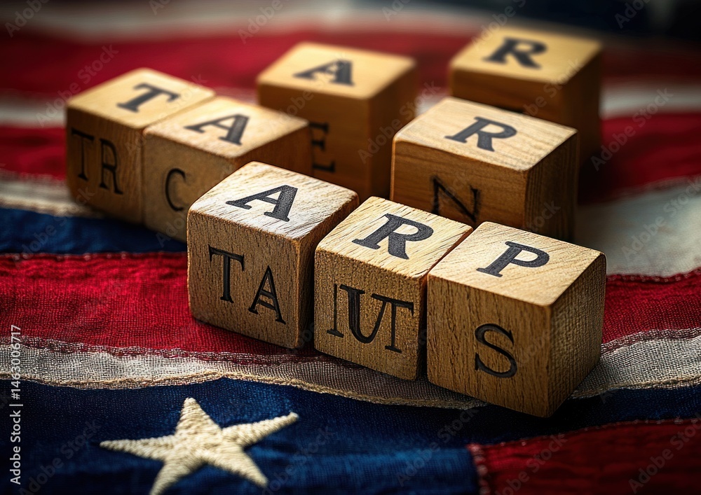 wooden letter blocks arranged on a fabric resembling the american flag with red, white, and blue stripes and white star, close-up view evoking a patriotic and nostalgic atmosphere