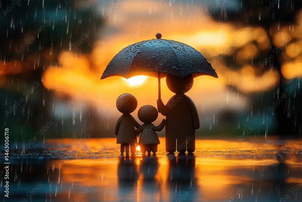 Three wooden figurines holding umbrella under rain with warm glowing sunset background creating protective and caring atmosphere