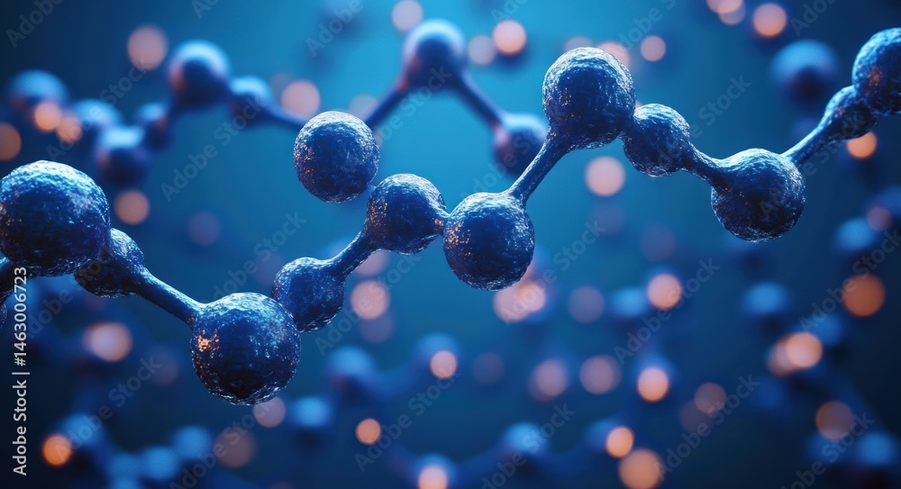 Close-up 3d rendering of a blue molecular structure with connected spherical atoms illuminated in a soft focus environment