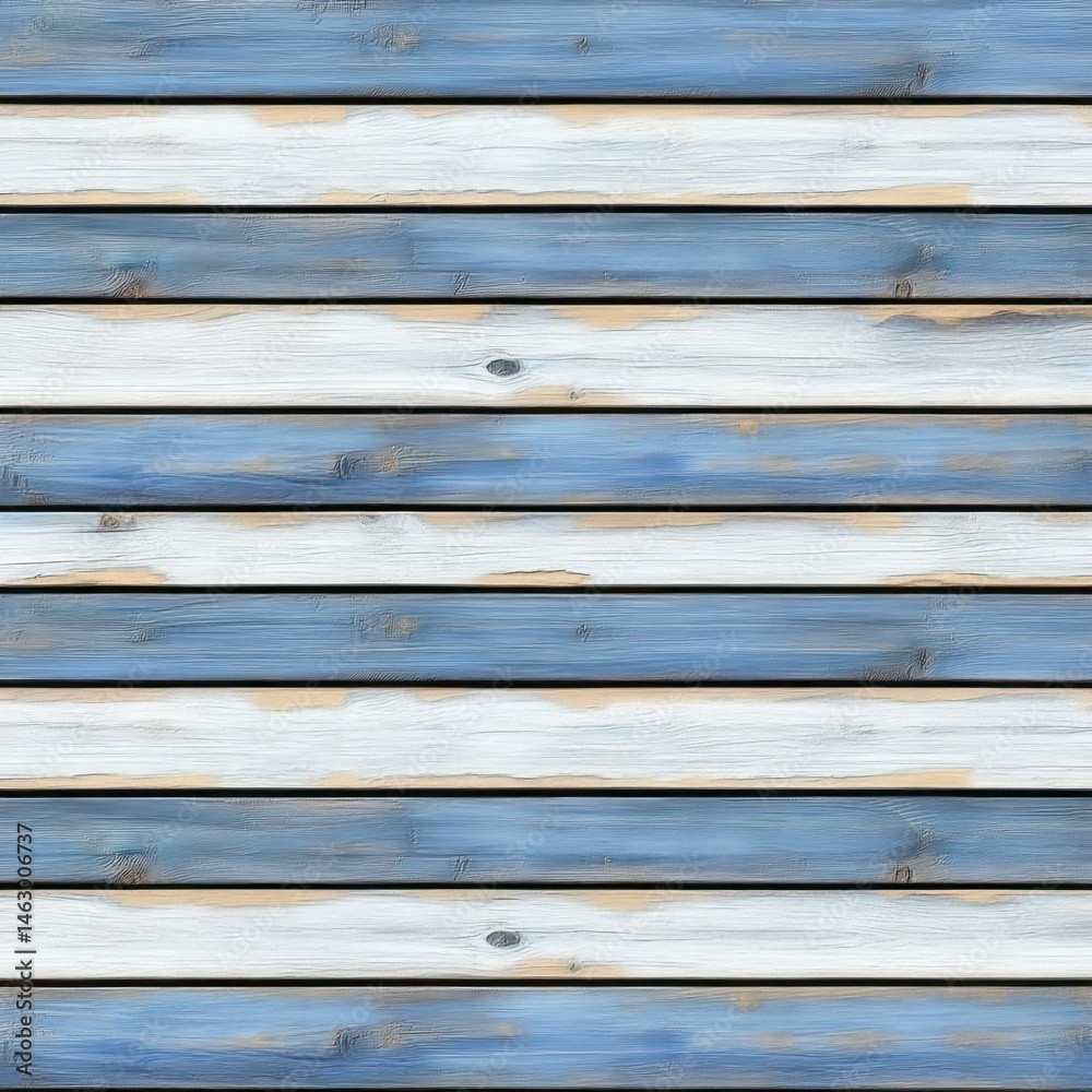 Close-up of wooden planks painted with alternating blue and white stripes, showing natural wood texture and rustic weathered look