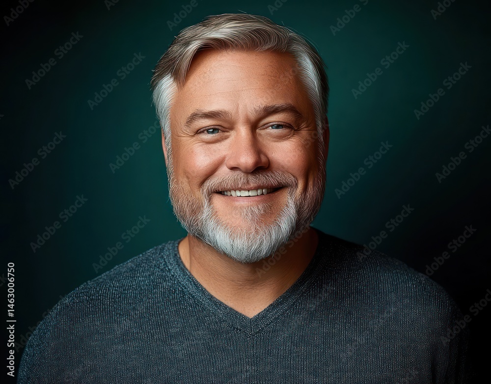 portrait of happy middle-aged man with gray hair and beard smiling warmly against dark background