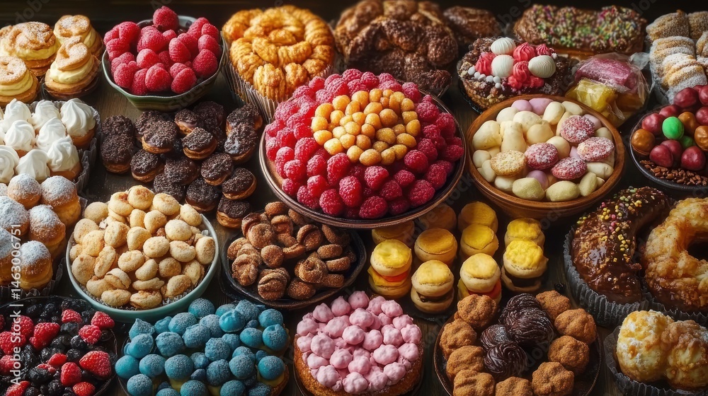 Assorted colorful cookies, pastries, and sweet treats arranged in bowls and plates showcasing a variety of textures and vibrant colors in a festive display