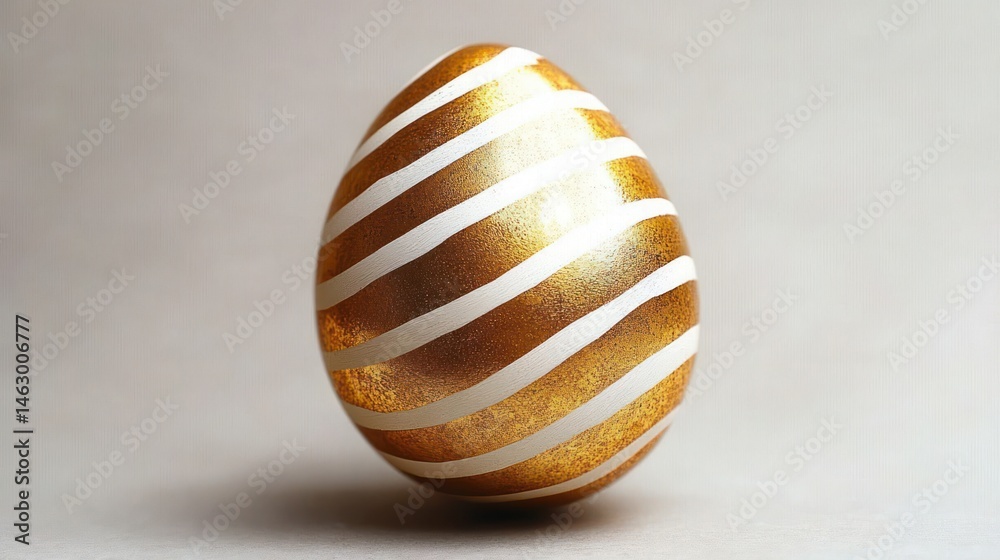 Single golden egg with white diagonal stripes on a smooth neutral background reflecting soft light